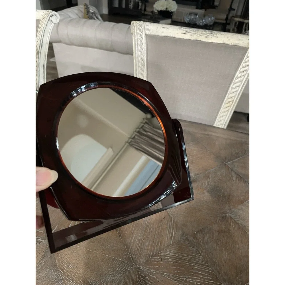 Vintage Brown Lucite Vanity Makeup Mirror Double Sided Swivel Tilt Tabletop